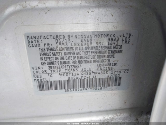 2015 Nissan Sentra Fe+ S მანქანა იყიდება აუქციონზე, vin: 3N1AB7AP4FY226837, აუქციონის ნომერი: 44275376