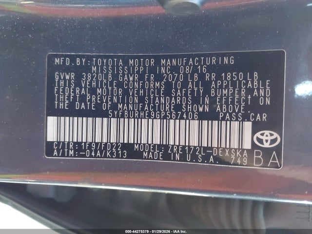 5YFBURHE9GP567406 Toyota Corolla S Plus
