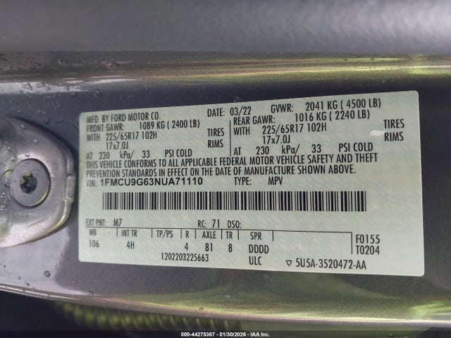 1FMCU9G63NUA71110 Ford ESCAPE SE