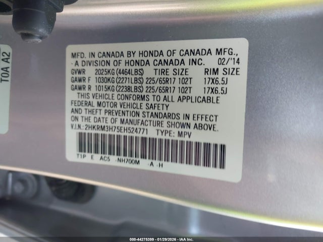 2HKRM3H75EH524771 Honda Cr-v Ex-l