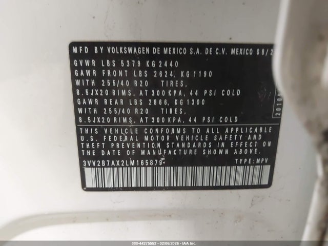 Aukcja sprzedaży 2020 Volkswagen Tiguan 2.0t Se/2.0t Se R-line Black/2.0t Sel, vin: 3VV2B7AX2LM165879, numer aukcji: 44275552