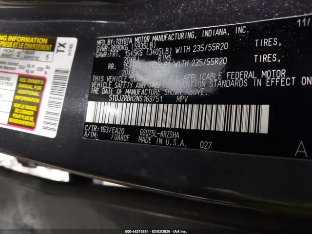 5TDJZRBH2NS169751 Toyota Highlander Xse