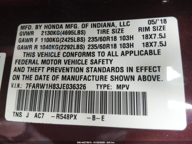 7FARW1H83JE036326 Honda Cr-v Ex-l/ex-l Navi