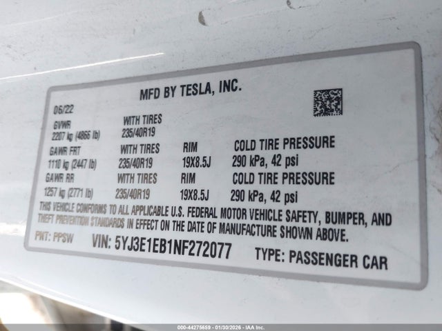 2022 TESLA MODEL 3 5YJ3E1EB1NF272077 Photo 8