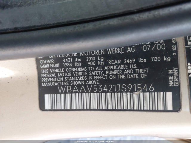 Aukcja sprzedaży 2001 Bmw 330i, vin: WBAAV53421JS91546, numer aukcji: 44275710