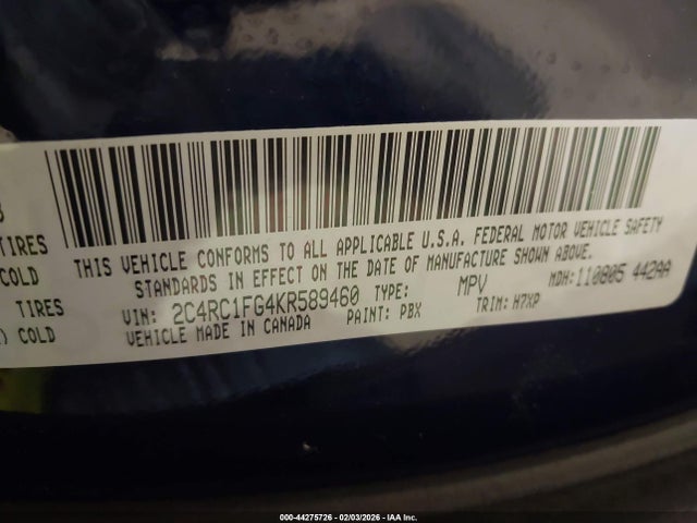 44275726 :رقم المزاد ، 2C4RC1FG4KR589460 vin ، 2019 Chrysler Pacifica Touring Plus مزاد بيع