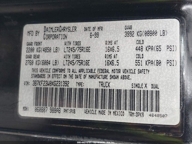 Aukcja sprzedaży 1999 Dodge Ram 2500 St, vin: 3B7KF23W0XG231392, numer aukcji: 44275751