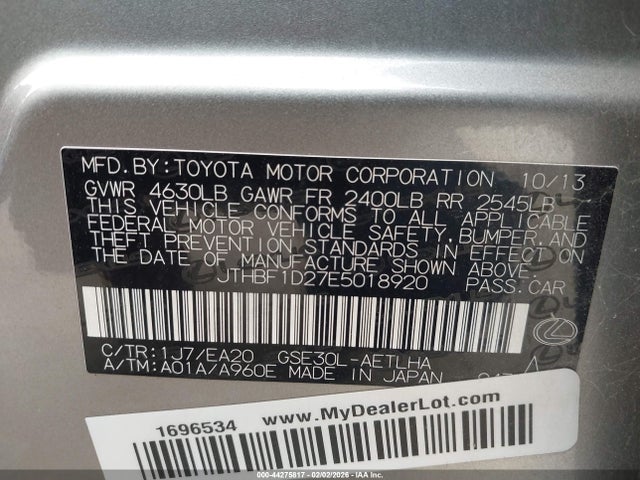 Aukcja sprzedaży 2014 Lexus Is 250, vin: JTHBF1D27E5018920, numer aukcji: 44275817