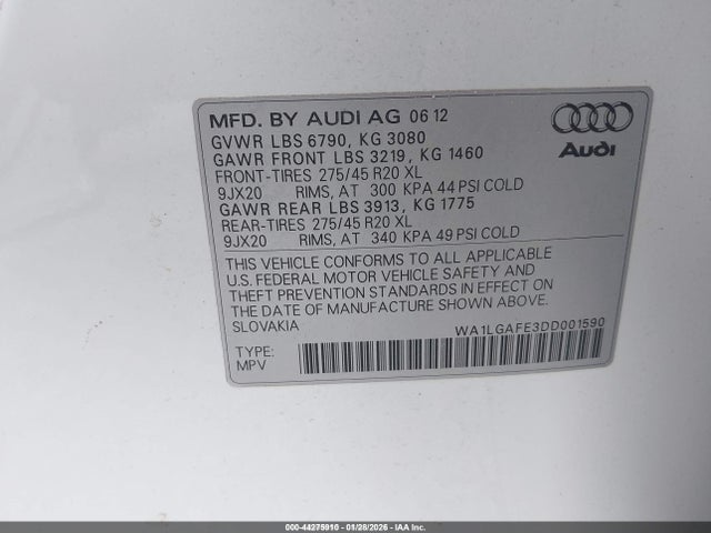 44275910 :رقم المزاد ، WA1LGAFE3DD001590 vin ، 2013 Audi Q7 3.0t Premium مزاد بيع