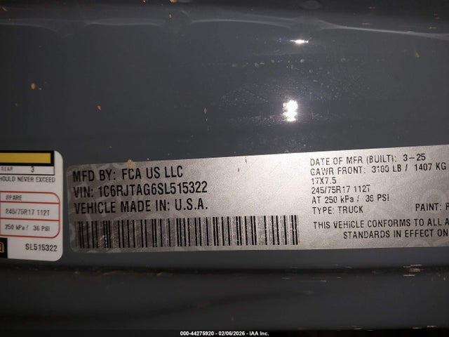 Продаж на аукціоні авто 2025 Jeep Gladiator Sport, vin: 1C6RJTAG6SL515322, номер лоту: 44275920