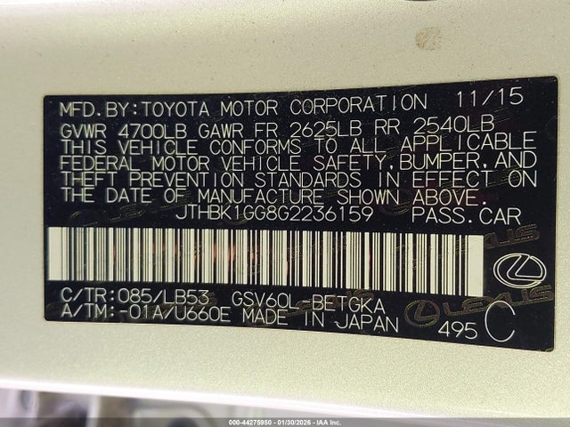 Aukcja sprzedaży 2016 Lexus Es 350, vin: JTHBK1GG8G2236159, numer aukcji: 44275950