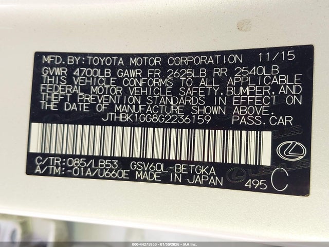 Aukcja sprzedaży 2016 Lexus Es 350, vin: JTHBK1GG8G2236159, numer aukcji: 44275950