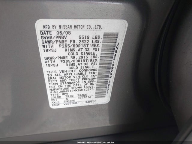 Aukcja sprzedaży 2009 Infiniti Fx35, vin: JNRAS18WX9M152578, numer aukcji: 44275959