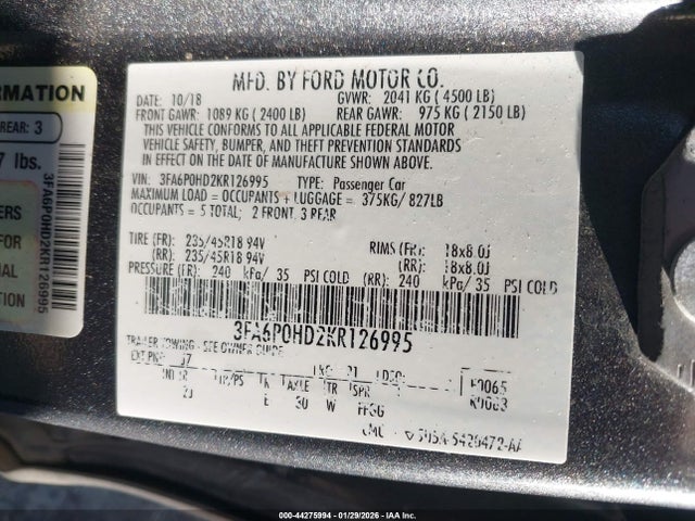 Ford FUSION SE 2019 3FA6P0HD2KR126995 Image 9