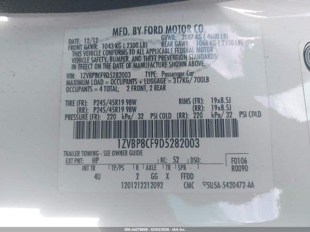 Aukcja sprzedaży 2013 Ford Mustang Gt Premium, vin: 1ZVBP8CF9D5282003, numer aukcji: 44276009
