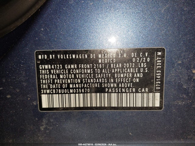 44276016 :رقم المزاد ، 3VWCB7BU0LM035670 vin ، 2020 Volkswagen Jetta 1.4t R-line/1.4t S/1.4t Se مزاد بيع