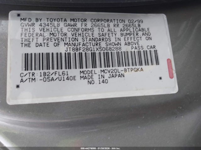44276099 :رقم المزاد ، JT8BF28G1X5068288 vin ، 1999 Lexus Es 300 مزاد بيع