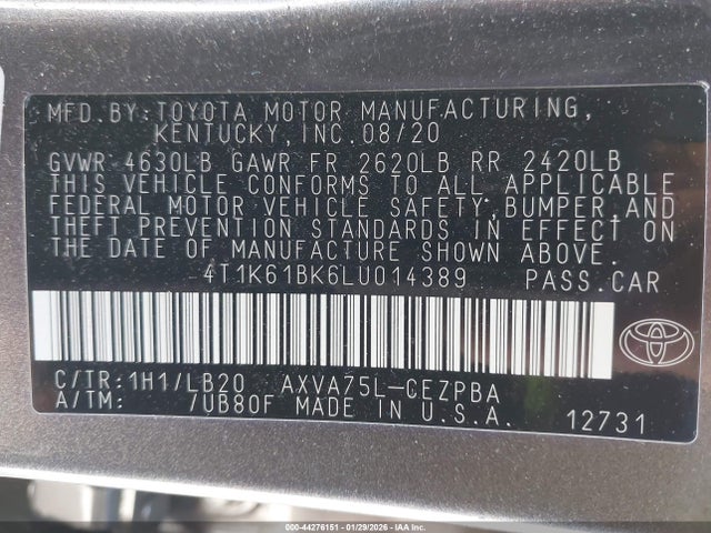 Toyota Camry Xse Awd 2020 4T1K61BK6LU014389 Image 9