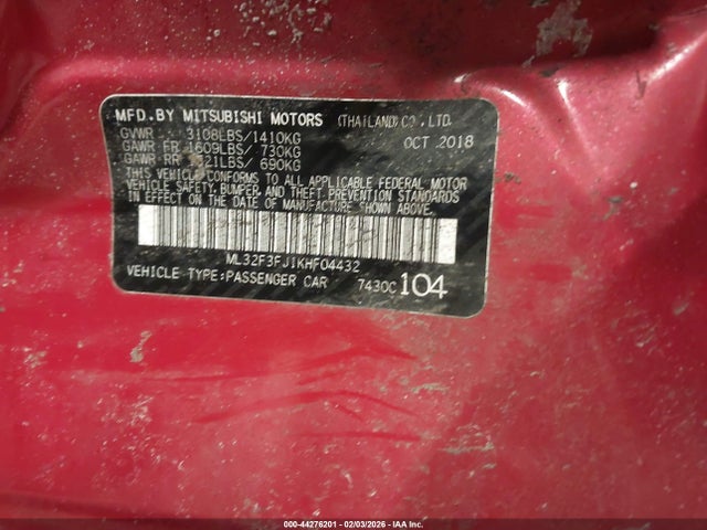 44276201 :رقم المزاد ، ML32F3FJ1KHF04432 vin ، 2019 Mitsubishi Mirage G4 Es/rf مزاد بيع