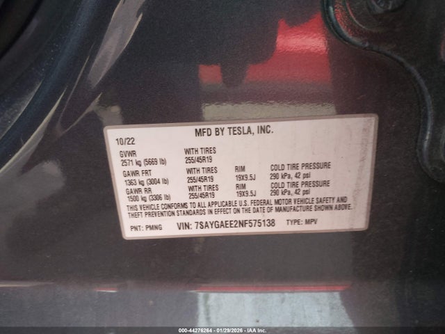 Aukcja sprzedaży 2022 Tesla Model Y Long Range Dual Motor All-wheel Drive, vin: 7SAYGAEE2NF575138, numer aukcji: 44276264