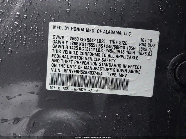 5FNYF6H52KB037494 Honda Pilot Ex-l