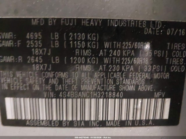 44276346 :رقم المزاد ، 4S4BSANC1H3218840 vin ، 2017 Subaru Outback 2.5i Limited مزاد بيع
