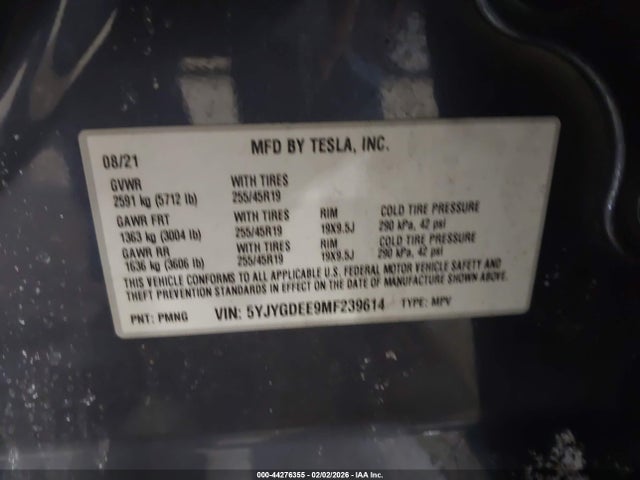Aukcja sprzedaży 2021 Tesla Model Y Long Range Dual Motor All-wheel Drive, vin: 5YJYGDEE9MF239614, numer aukcji: 44276355
