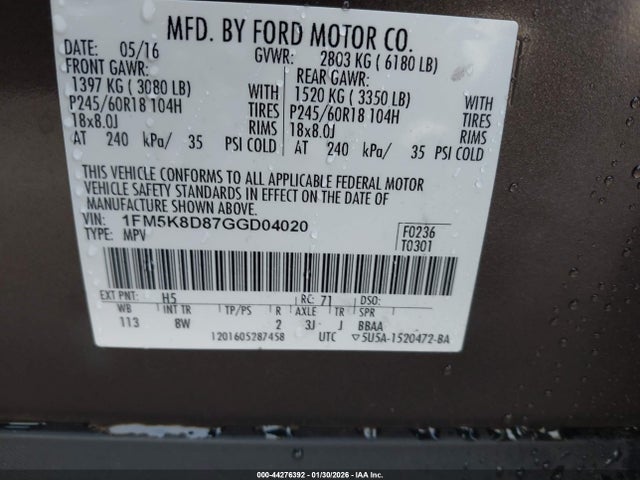 Ford EXPLORER XLT 2016 1FM5K8D87GGD04020 Image 9