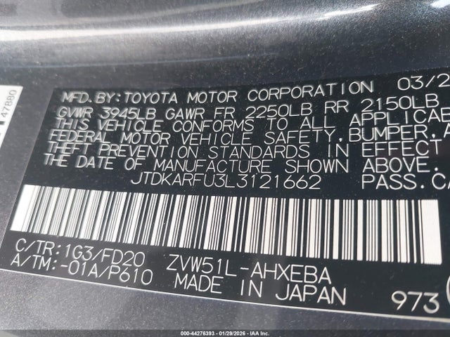 JTDKARFU3L3121662 Toyota Prius Le