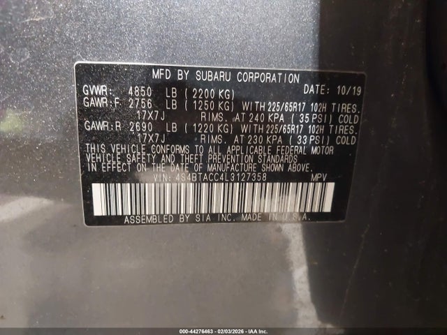 2020 Subaru Outback Premium მანქანა იყიდება აუქციონზე, vin: 4S4BTACC4L3127358, აუქციონის ნომერი: 44276463