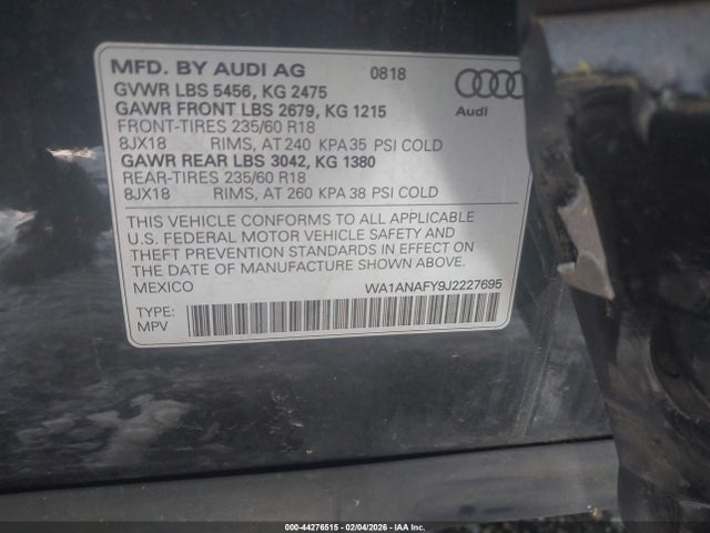 Aukcja sprzedaży 2018 Audi Q5 2.0t Premium/2.0t Tech Premium, vin: WA1ANAFY9J2227695, numer aukcji: 44276515