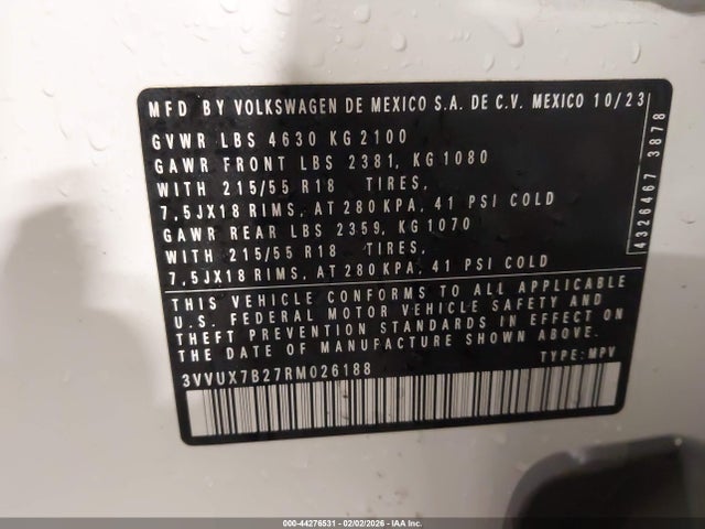 Продаж на аукціоні авто 2024 Volkswagen Taos 1.5t Se, vin: 3VVUX7B27RM026188, номер лоту: 44276531