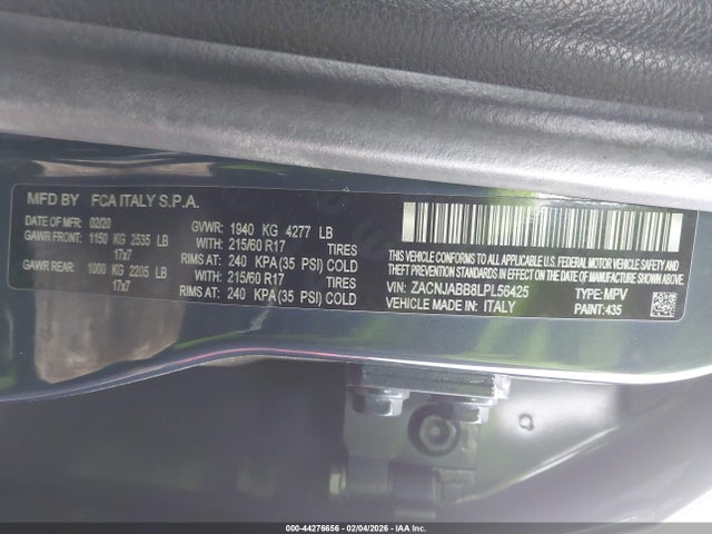 2020 Jeep Renegade Latitude Fwd მანქანა იყიდება აუქციონზე, vin: ZACNJABB8LPL56425, აუქციონის ნომერი: 44276656