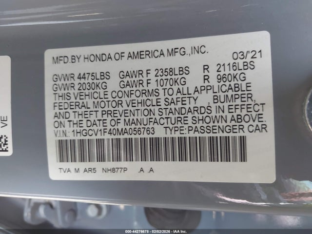 1HGCV1F40MA056763 Honda Accord Sport Special Edition