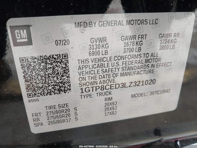 Продаж на аукціоні авто 2020 Gmc Sierra 1500 2wd  Short Box Elevation, vin: 1GTP8CED3LZ321020, номер лоту: 44276686