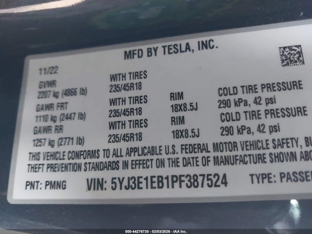 Продажа на аукционе авто 2023 Tesla Model 3 Long Range Dual Motor All-wheel Drive, vin: 5YJ3E1EB1PF387524, номер лота: 44276730