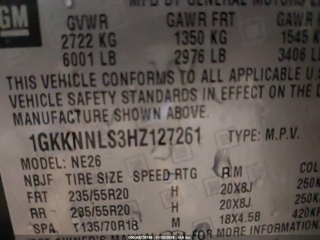 Aukcja sprzedaży 2017 Gmc Acadia Slt-2, vin: 1GKKNNLS3HZ127261, numer aukcji: 44276746