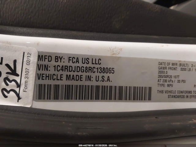 2024 Dodge Durango Gt Plus Awd მანქანა იყიდება აუქციონზე, vin: 1C4RDJDG8RC138065, აუქციონის ნომერი: 44276816