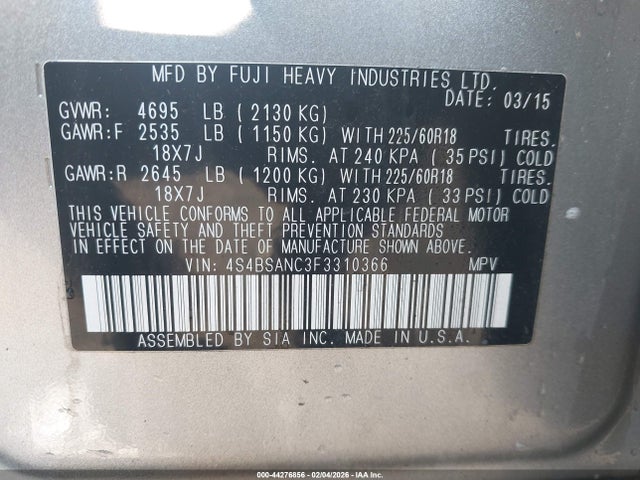 Aukcja sprzedaży 2015 Subaru Outback 2.5i Limited, vin: 4S4BSANC3F3310366, numer aukcji: 44276856