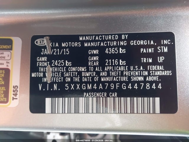 5XXGM4A79FG447844 KIA Optima Lx