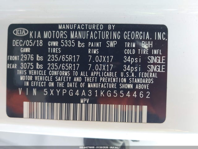 5XYPG4A31KG554462 KIA Sorento 2.4l Lx