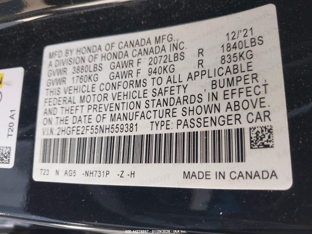 2HGFE2F55NH559381 Honda Civic Sport