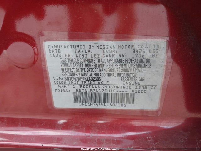 3N1CN7AP4KL802305 Nissan Versa 1.6 Sv