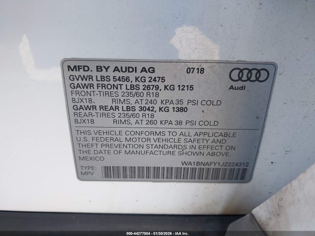 44277004 :رقم المزاد ، WA1BNAFY1J2224312 vin ، 2018 Audi Q5 مزاد بيع