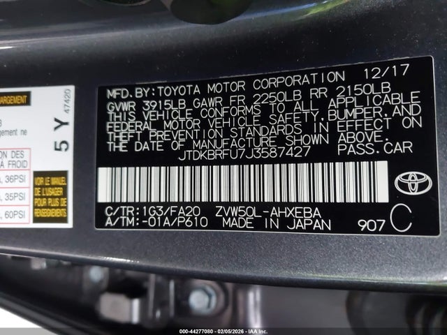 JTDKBRFU7J3587427 Toyota Prius Two