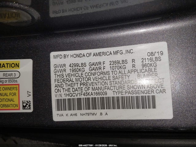 Aukcja sprzedaży 2019 Honda Accord Ex, vin: 1HGCV1F45KA166009, numer aukcji: 44277091