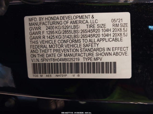 Honda Passport Awd Elite 2021 5FNYF8H04MB025219 Image 9