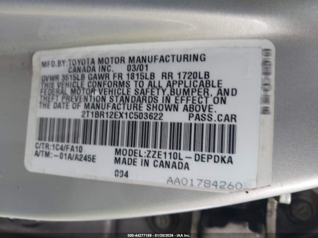 2001 TOYOTA COROLLA 2T1BR12EX1C503622 Photo 8