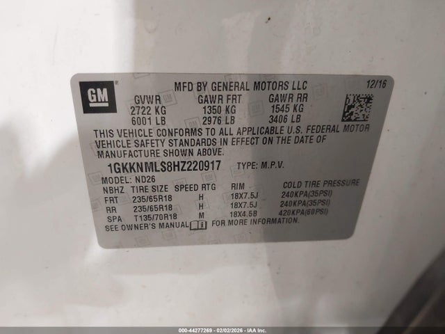 Aukcja sprzedaży 2017 Gmc Acadia Slt-1, vin: 1GKKNMLS8HZ220917, numer aukcji: 44277269