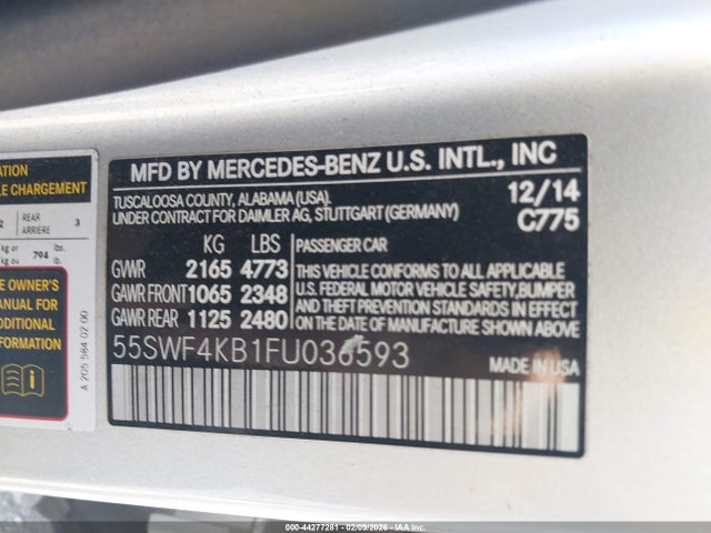 44277281 :رقم المزاد ، 55SWF4KB1FU036593 vin ، 2015 Mercedes-benz C 300 Luxury 4matic مزاد بيع
